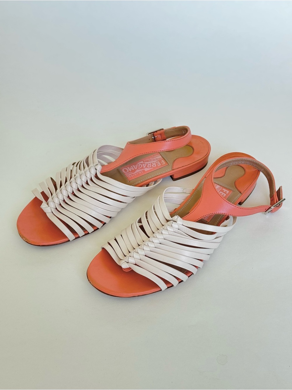 Salvatore Ferragamo Coral and Cream Woven Leather Slingback Sandals - Size 7 - Picture 2 of 9